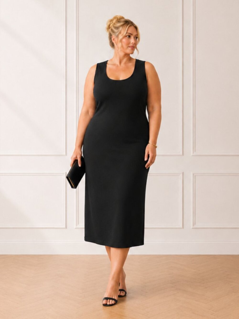 Talk Of The Walk Vintage Black Dress Size XL Sleeveless Scoop Neck Midi Length